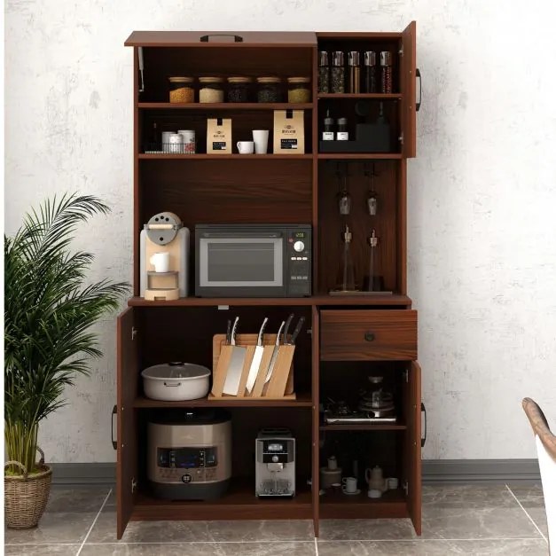 Armário para cozinha com 2 tomadas, 1 porta USB e 1 porta tipo C, gaveta e prateleiras ajustáveis 90 x 39 x 167 cm Cor Nogueira
