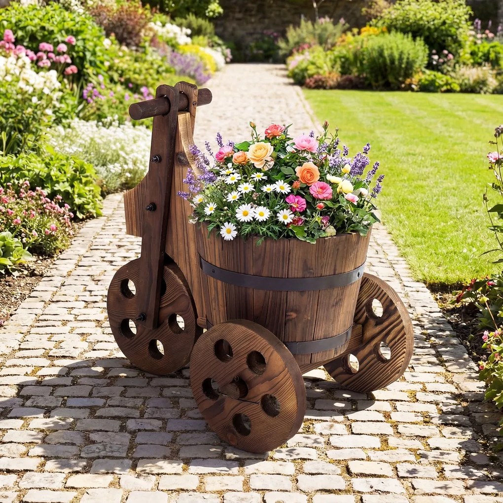 Floreira jardim rústica em madeira para triciclo 47 x 32 x 43,5 cm, vaso em forma de barril com orifício de drenagem para o cultivo de legumes e flore