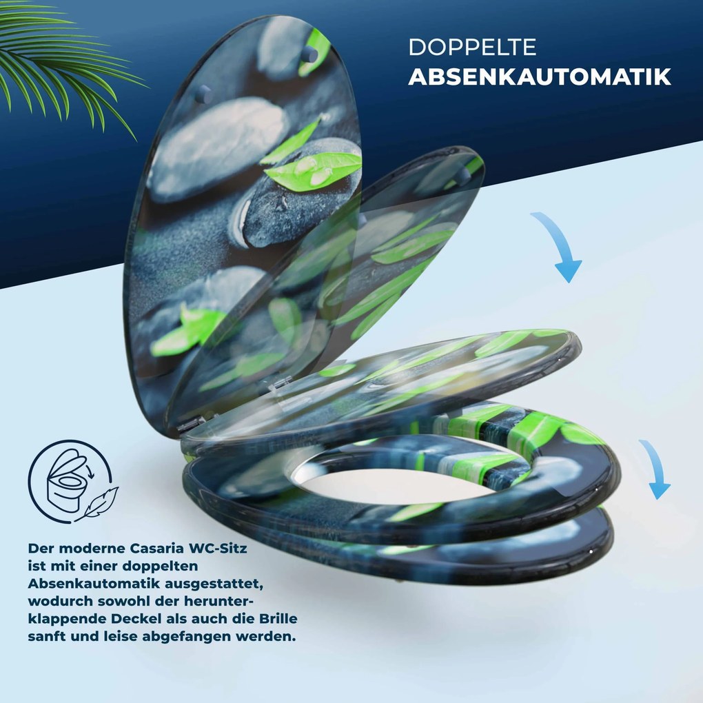 Assento sanitário em pedra e folhas com sistema de descida automática 45,7 x 38 cm Cinzento + Verde