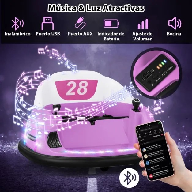 Carrinho choques elétrico para crianças 6v com controlo remoto, luz LED, buzina e música, rotação de 360° com cinto de segurança rosa