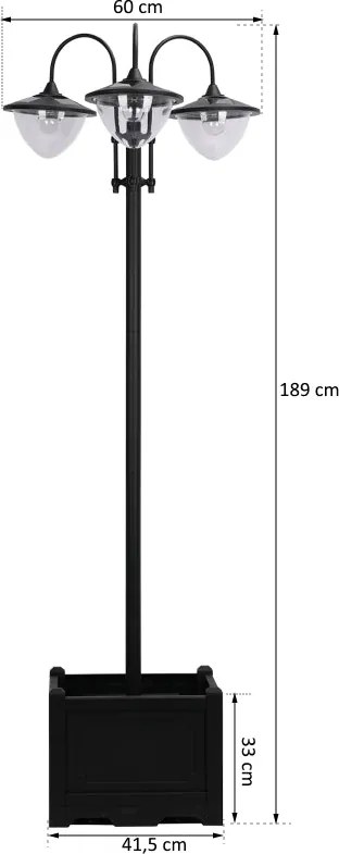 Candeeiro Solar de Jardim com Floreira – 60x55x189 cm – Preto – Luzes