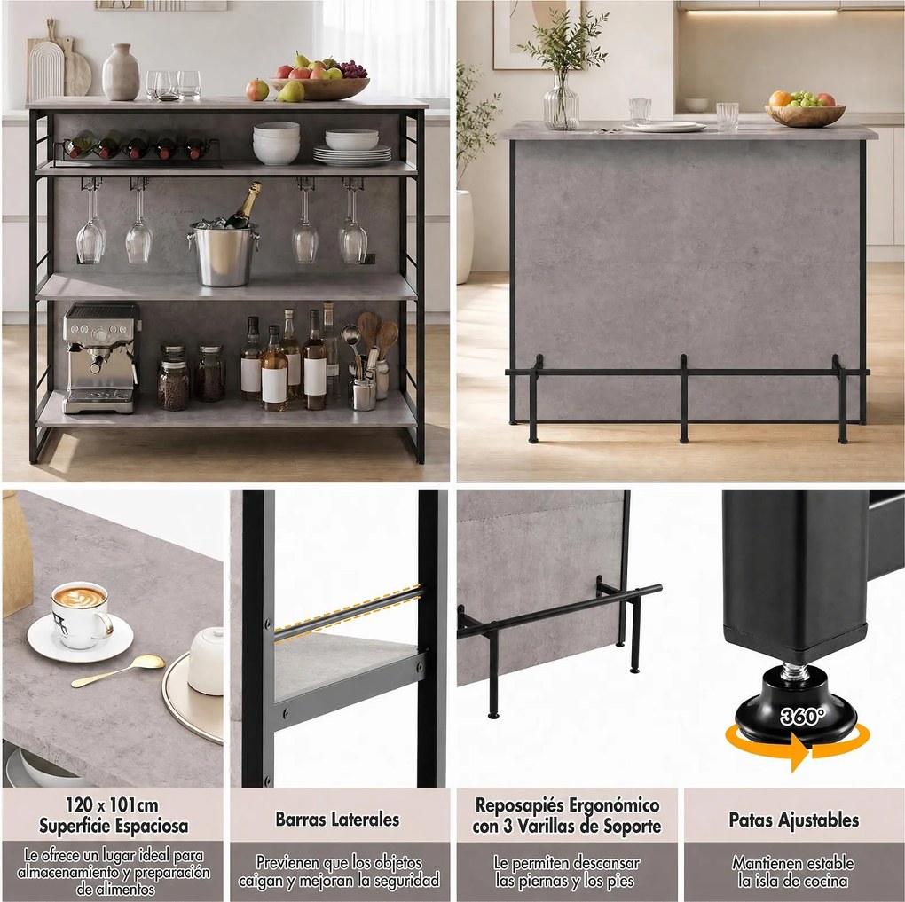 Mesa de Bar, 120 x 60 x 101 cm, Estantes Multinível, Preto e Cinzento