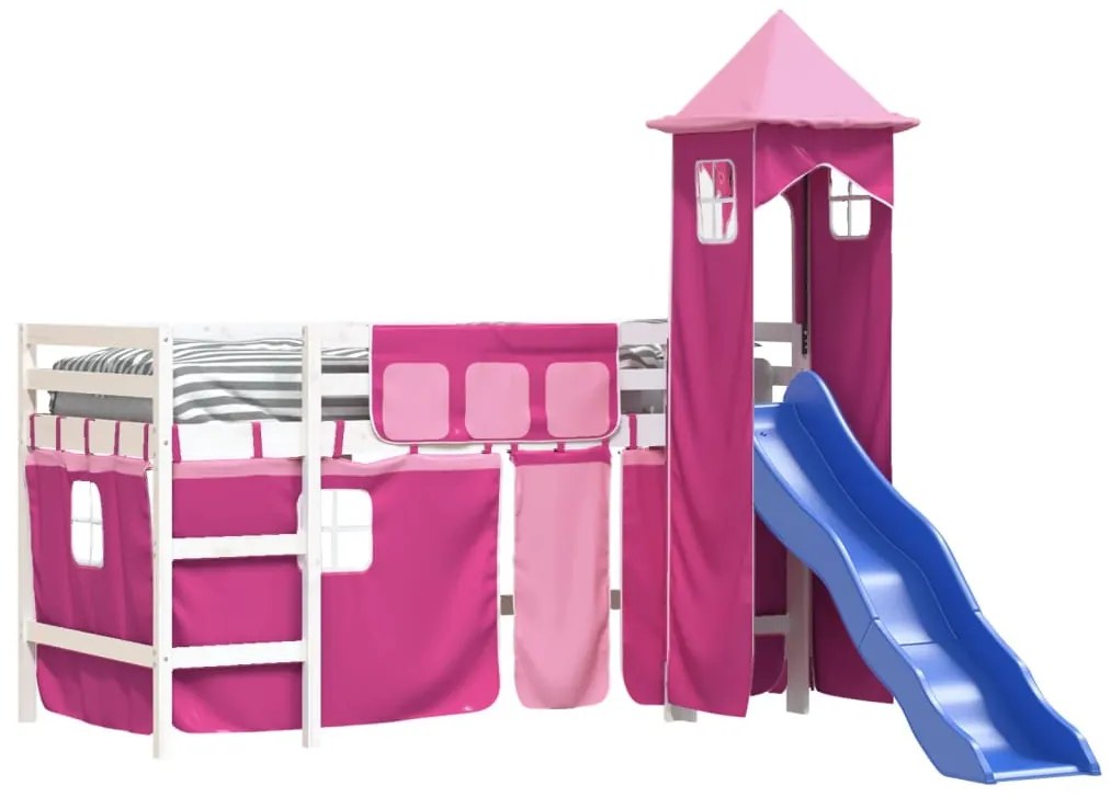 Cama alta para criança com torre 80x200 cm pinho maciço rosa
