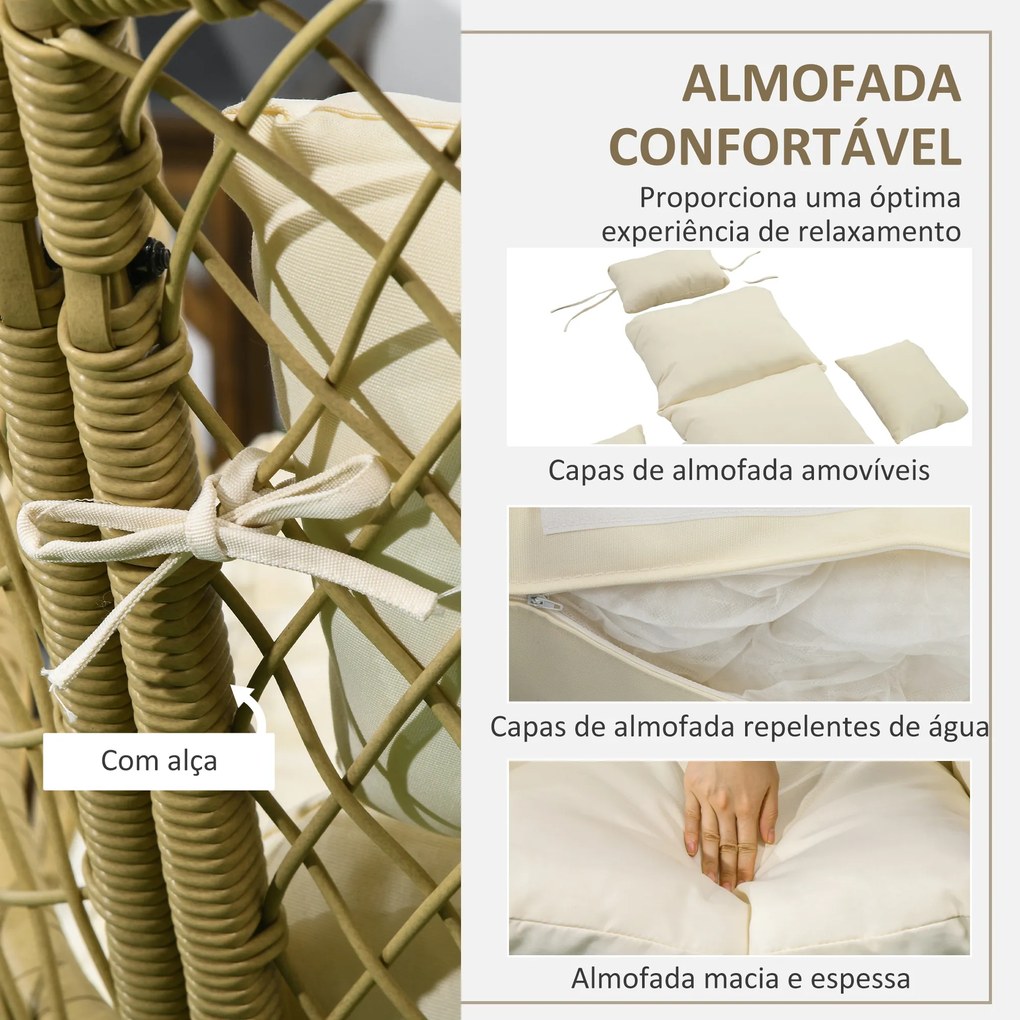 Poltrona de Exterior de Vime PE com Almofadas Encosto Acolchoado Pés e Estrutura de Metal 88x85x143 cm Natural e Creme