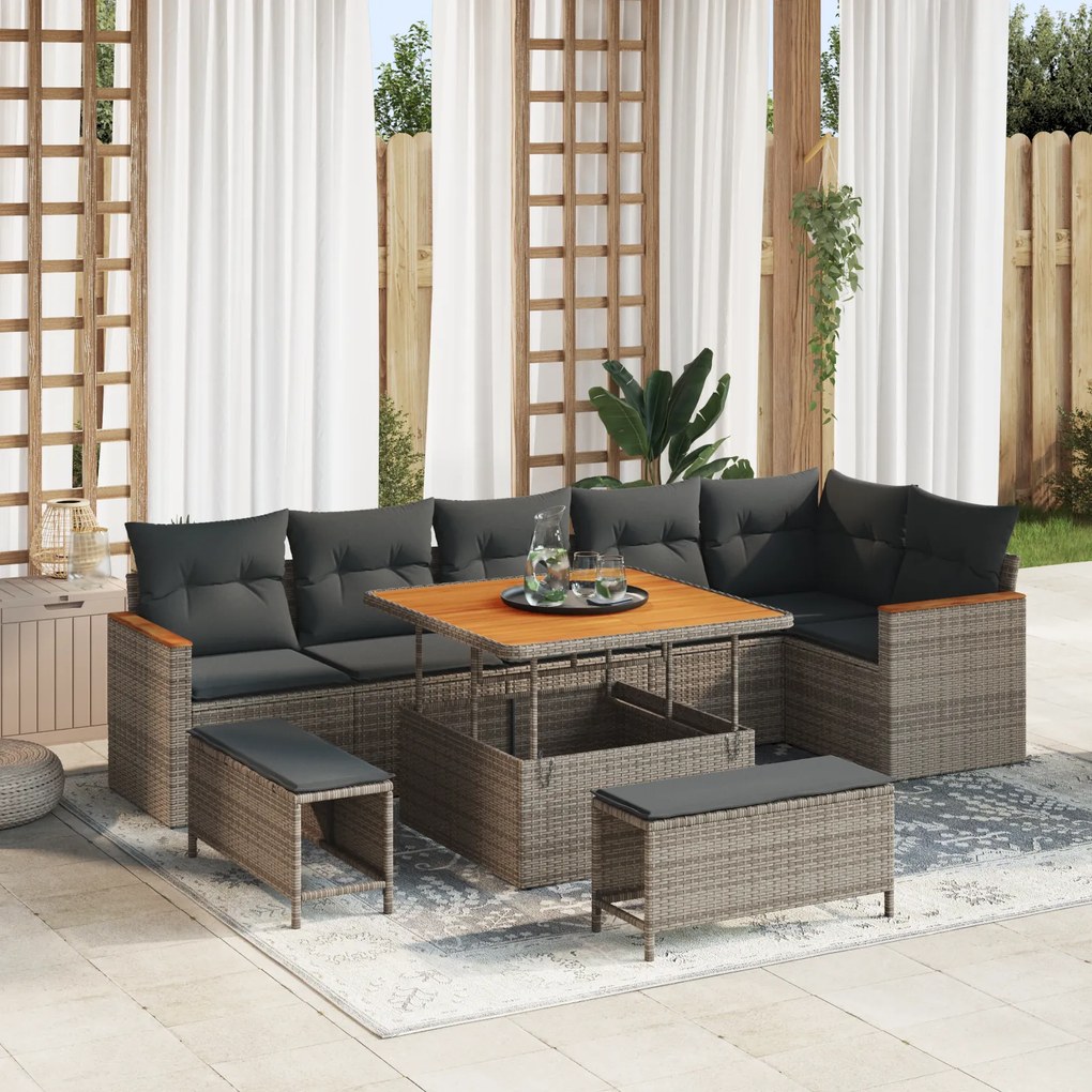 Conjunto de Sofá de Jardim vidaXL 9 Peças com Almofadas Cinza Rattan Acácia