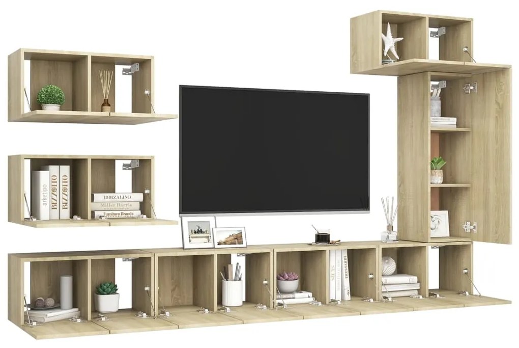 8 pcs conjunto móveis de TV derivados madeira carvalho sonoma