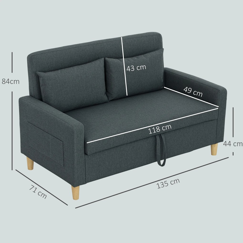 Sofá 2 Lugares Estofado em Linho Sintético com 2 Almofadas Espaço de Armazenamento Bolsos Laterais 135x71x84 cm Cinza Escuro