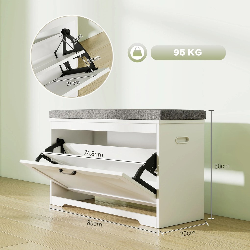 Banco Sapateira Moderno com Assento Acolchoado Prateleira Ajustável para 8 Pares de Sapatos 80x30x50 cm Branco