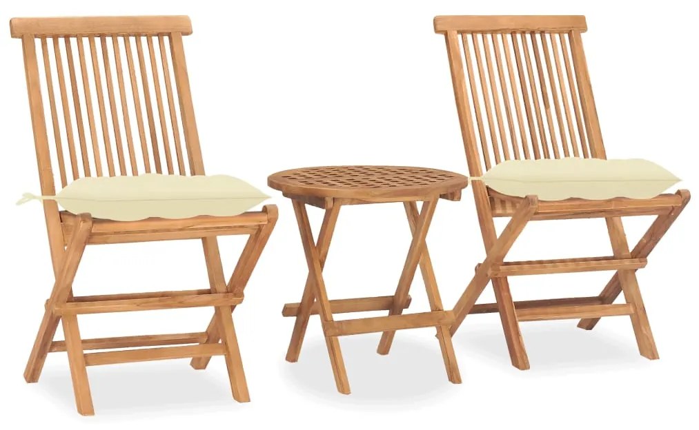 vidaXL 3 pcs conj. jantar dobrável exterior c/ almofadão teca maciça