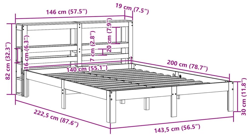 Estrutura de cama com cabeceira 140x200 cm pinho maciço