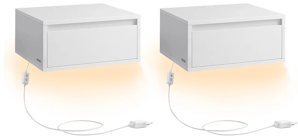 Conjunto de 2 mesas de cabeceira suspensas com luzes LED 35 x 40 x 18 cm branco nuvem