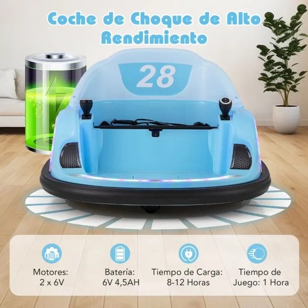 Carrinho de choques para crianças a bateria 6V  com luzes LED Ligação sem fios Música e som  360° Azul