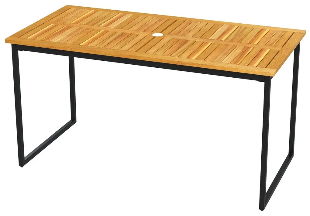 Mesa de jardim em madeira de acácia retangular, 140 cm para 6 pessoas (CADEIRAS NÃO INCLUIDAS), estrutura em metal e buraco natural e preto