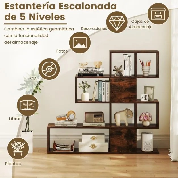 Estante com 5 prateleiras moderna em estilo escada 120 x 19,5 x 109 cm Castanha