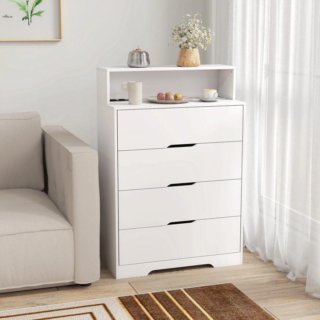 Cómoda com 4 Gavetas 80x40x120 cm e Estação de Carregamento com Porta USB Porta USB-C Prateleira Aberta 80x40x120 cm Branco