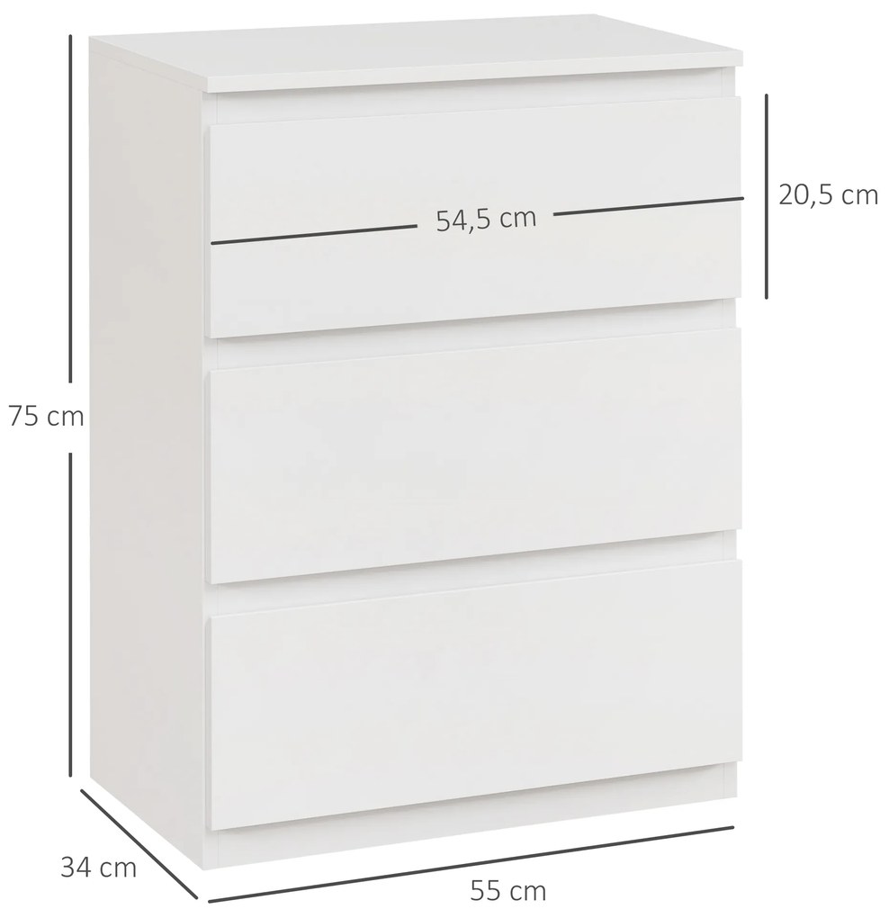 Cómoda com 3 Gavetas de Madeira Cómoda de Dormitório Cómoda Branca Estilo Moderno 55x34x75 cm Branco Brilhante