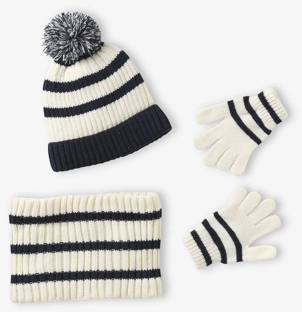 Conjunto às riscas gorro + gola snood + luvas/mitenes,  para menino  cru