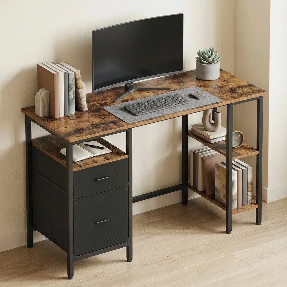 Secretária com 3 prateleiras com 2 gavetas, 127 x 50 x 76 cm castanho-preto