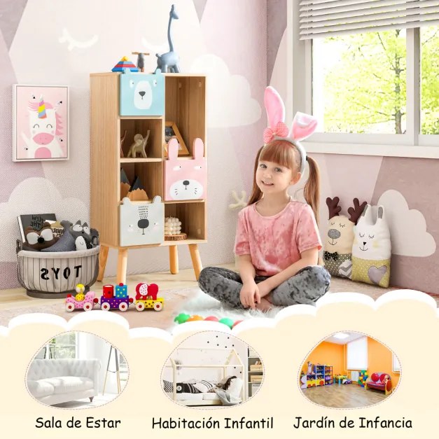 Estantel infantil com gavetas e compartimentos abertos para brinquedos e livros Móveis para guardar brinquedos 40 x 25,5 x 82,5 cm natural