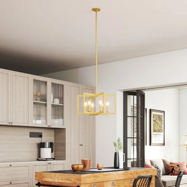Candeeiro rústico de 6 luzes com design geométrico, altura ajustável e metal industrial cor cobre