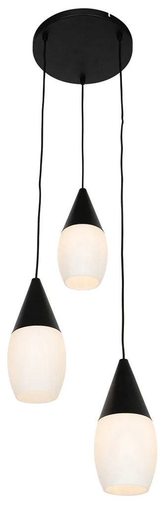 Candeeiro de suspensão moderno preto com vidro opalino 3 luzes - Drop Moderno