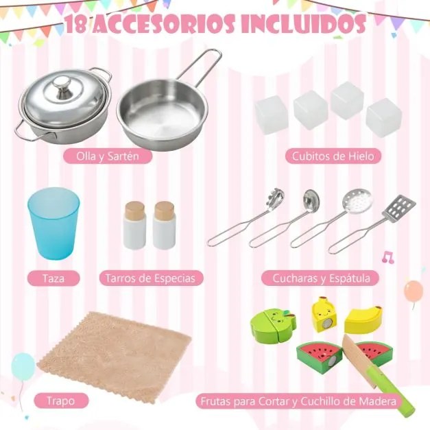 Cozinha de brincar para crianças em madeira com micro-ondas, exaustor, fogão, lava-loiça, máquina de gelo e 18 acessórios Rosa