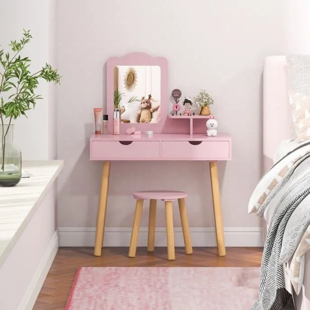 Toucador e banco de madeira para crianças com espelho retangular e 2 gavetas grandes 70 x 34 x 100 cm Rosa