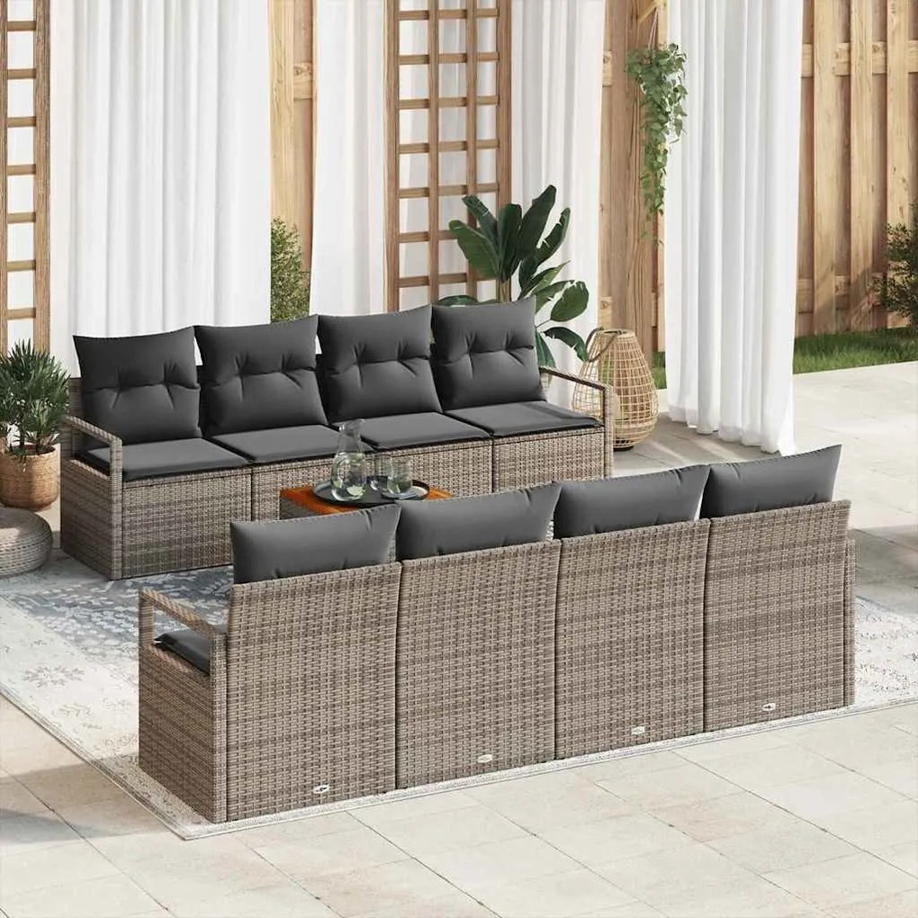 vidaXL Conjunto de Sofá de Jardim com 9 Peças e Almofadas Cinzas em Polirattan de Acácia.