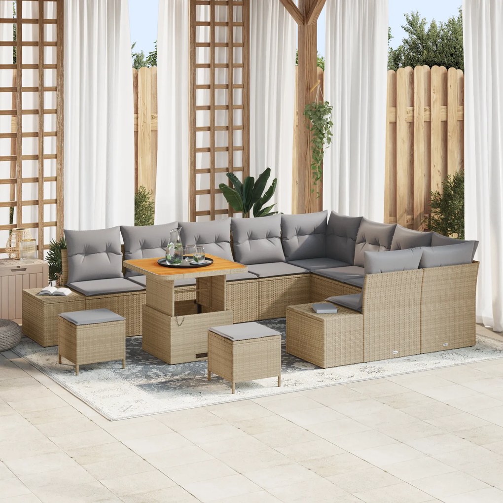 Conjunto de Sofá de Jardim com 12 Peças com Almofadas Rattan Poliéster