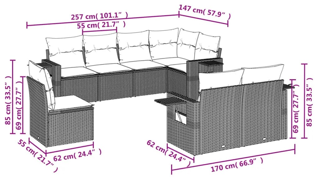 8 pcs conjunto sofás de jardim c/ almofadões vime PE cinzento