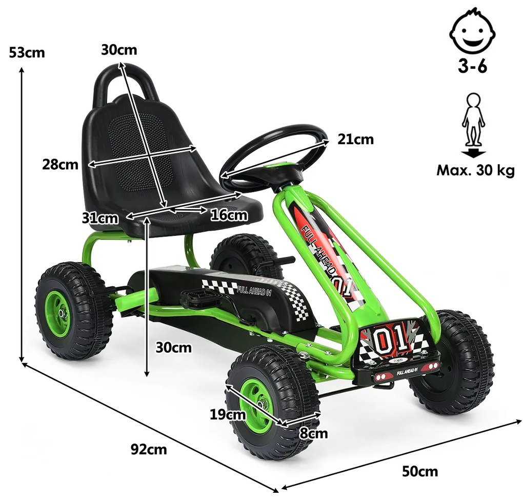 Kart a pedais para crianças com 4 rodas antiderrapantes Assento envolvente e travão de mão 92 x 50 x 53 cm Verde