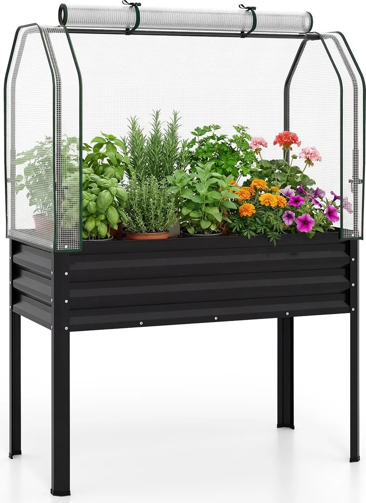 Floreira elevada com estufa 112 x 55 x 152 cm, canteiro de jardim em metal galvanizado com cobertura de proteção e porta enrolável para pátio, terraço