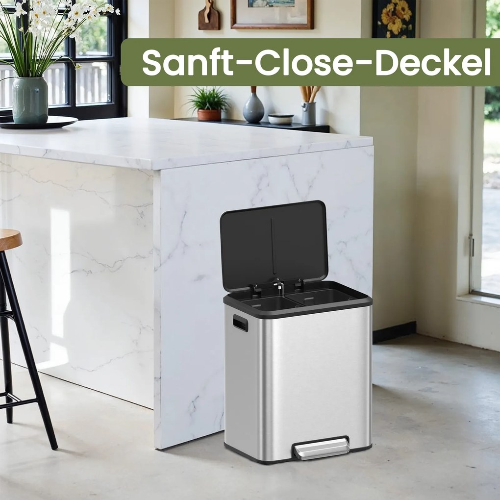 Caixote de lixo com 2 compartimentos 2 x 15 L para reciclagem e lixo residual prateado metálico