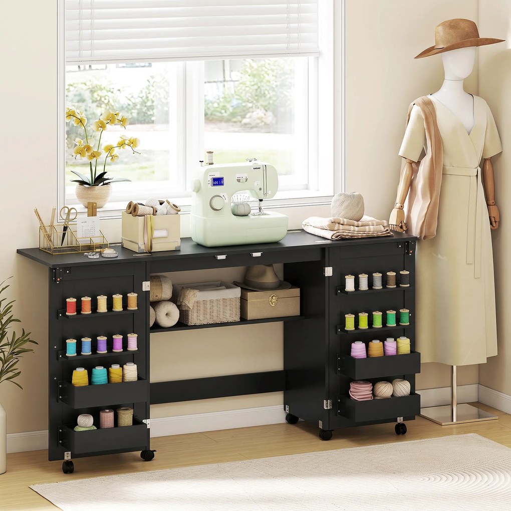 Mesa de Costura Dobrável, 80 x 40 x 83 cm, 6 Rodas Giratórias, Preto