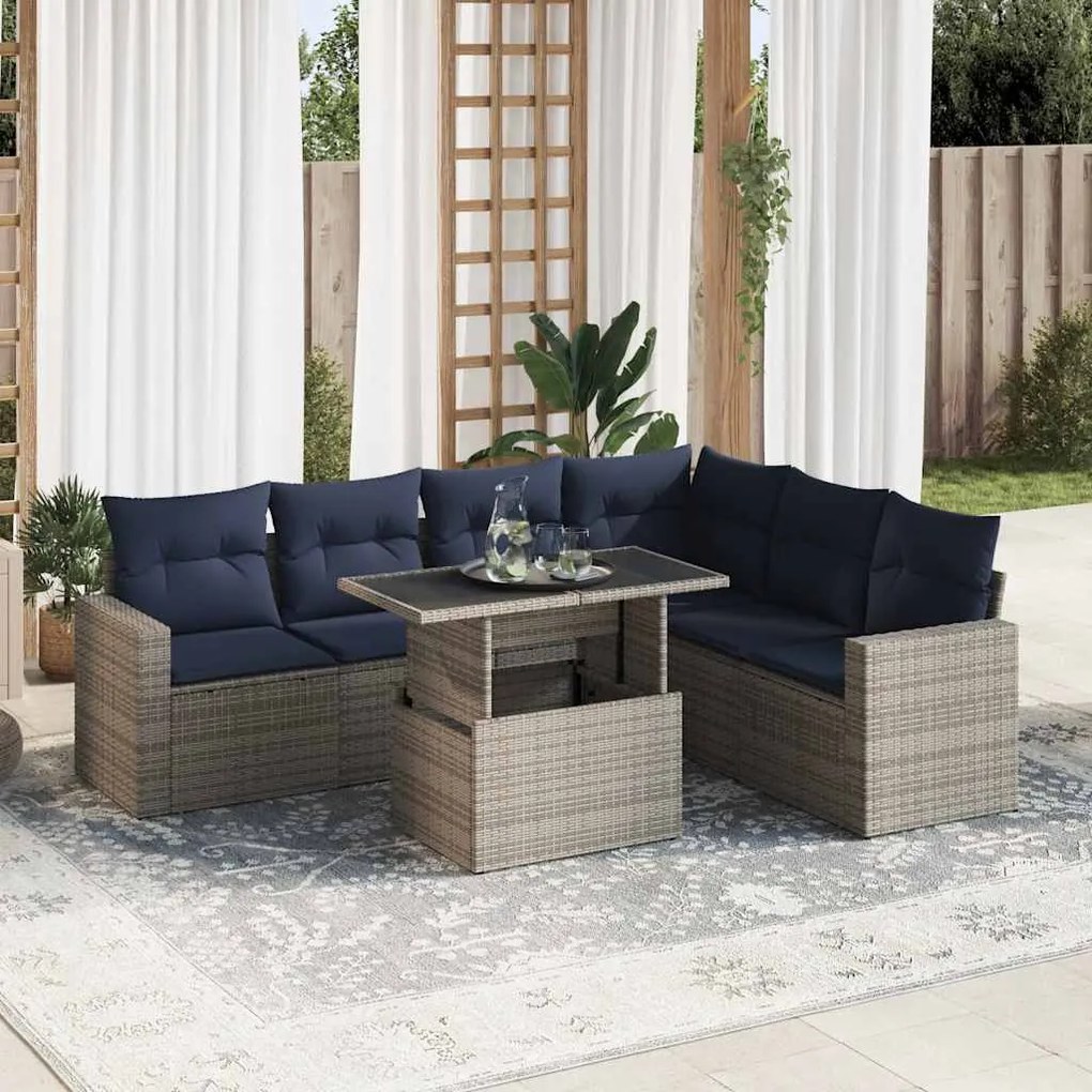 7 pcs conjunto sofás jardim c/ almofadões vime PE/acácia preto