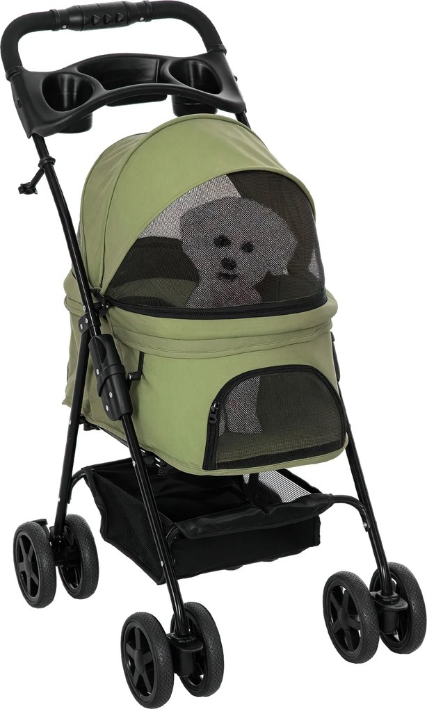 Carrinho de bebé dobrável para cães e gatos, com cesto de arrumação, porta-copos, tecido Oxford 300D impermeável, 4 rodas, verde