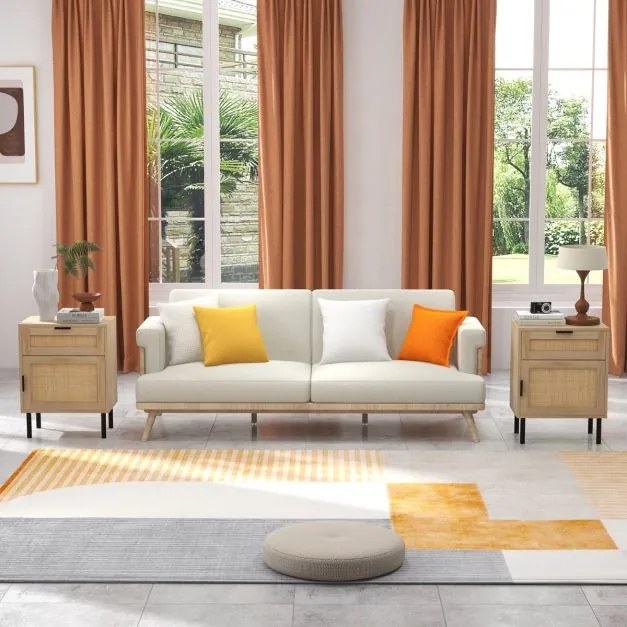 Conjunto de 2 mesas de cabeceira em rattan com gaveta e armário, pés metálicos, estilo moderno, 45 x 30 x 59 cm Natural