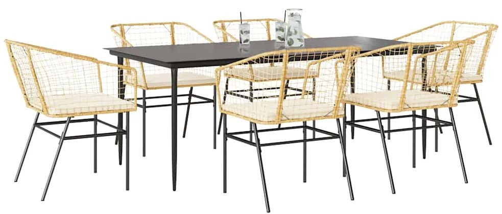 Conjunto jantar jardim 7 peças almofadas vidro vime PE castanho
