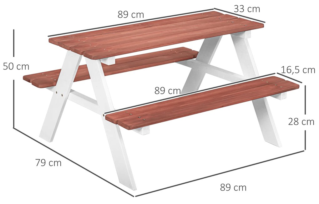 Conjunto de Mesa e 2 Bancos Infantil de Madeira Mesa de Piquenique para Crianças de 3-8 Anos 89x79x50 cm Castanho e Branco