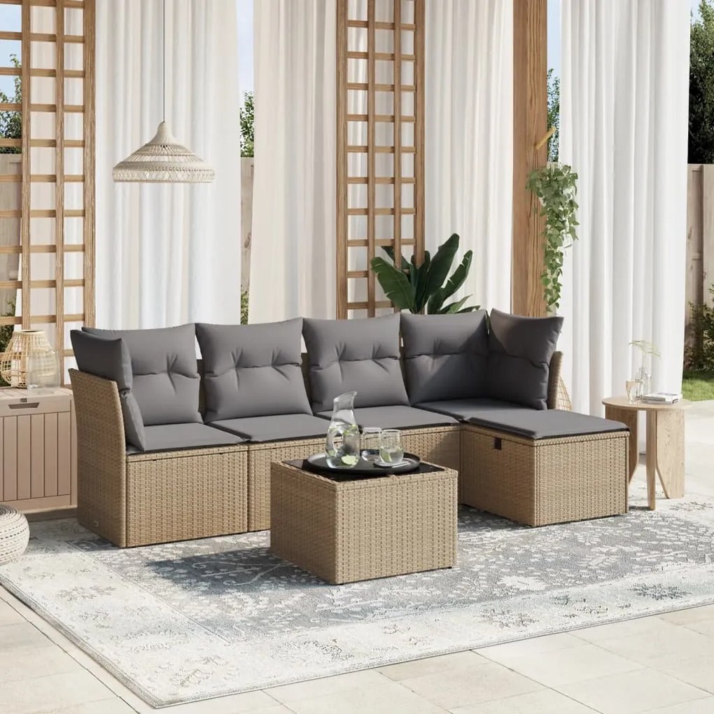 6 pcs conj. sofás jardim c/ almofadões vime PE bege misturado