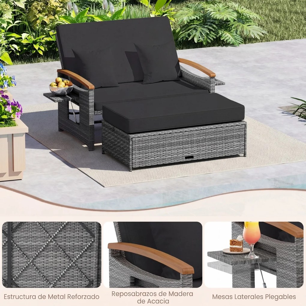 Conjunto de Sofá-Cama de 2 Lugares e Pufe, 164 x 72-111 x 54,5-88 cm, Encosto Ajustável em 4 Níveis, Cinzento + Preto
