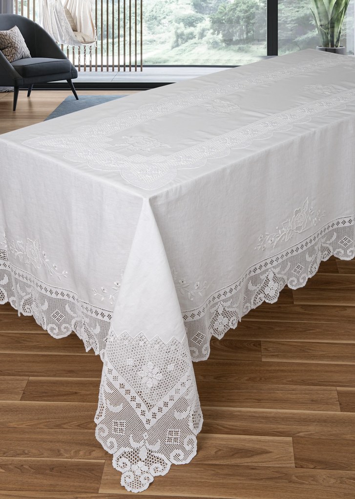 315x175 cm Toalha de mesa de linho bordada a mão C/ Crochê