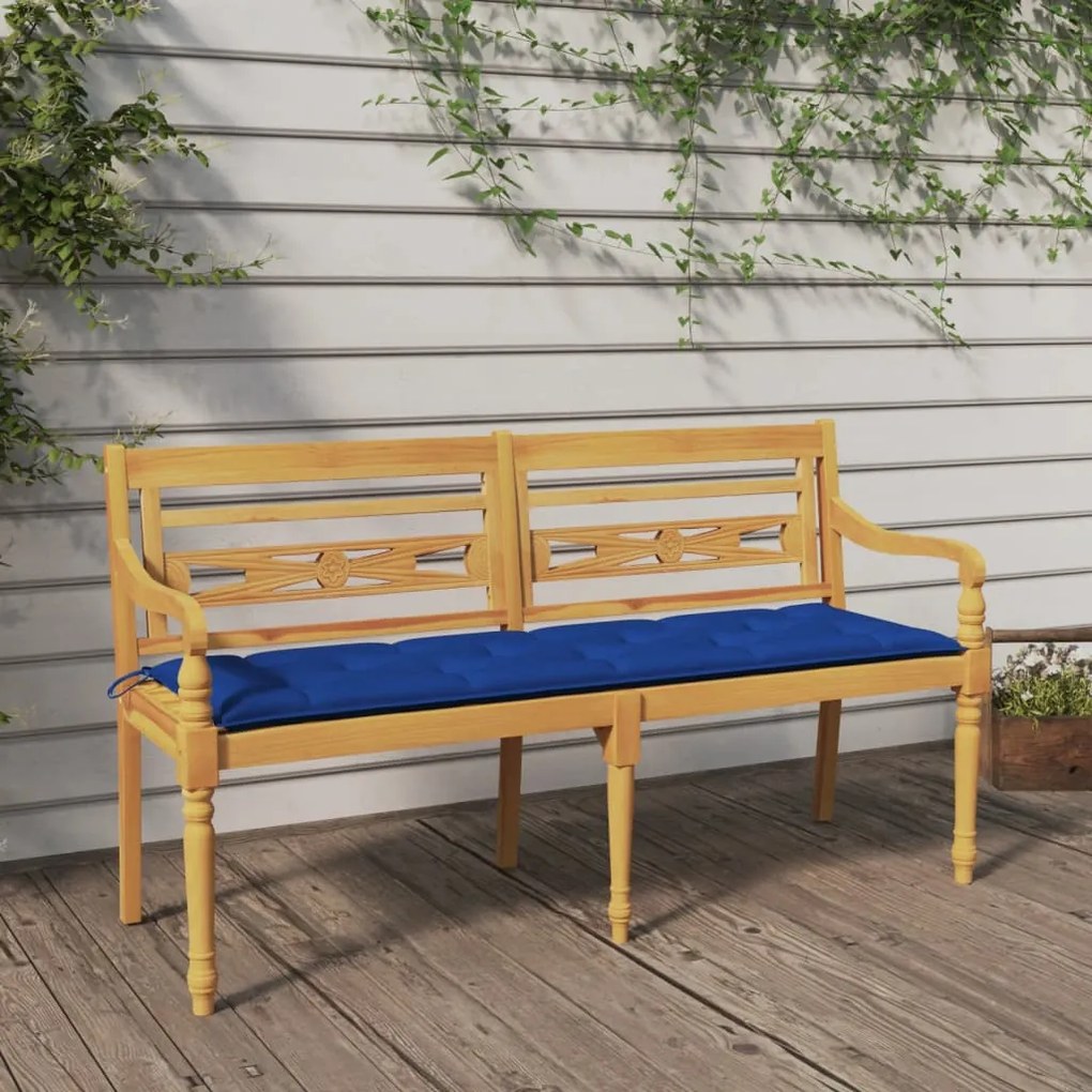 vidaXL Banco Batavia com almofadão azul 150 cm madeira de teca maciça