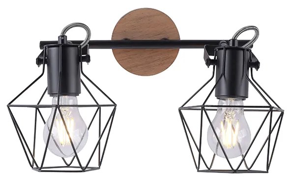 Foco industrial preto com madeira 2 luzes - Sven Moderno