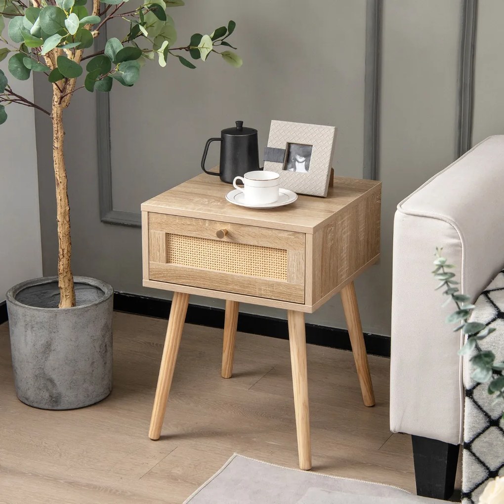 Mesa-de-cabeceira Boho com decoração em vime tecido à mão para quarto e sala de estar 40 x 40 x 55 cm Natural