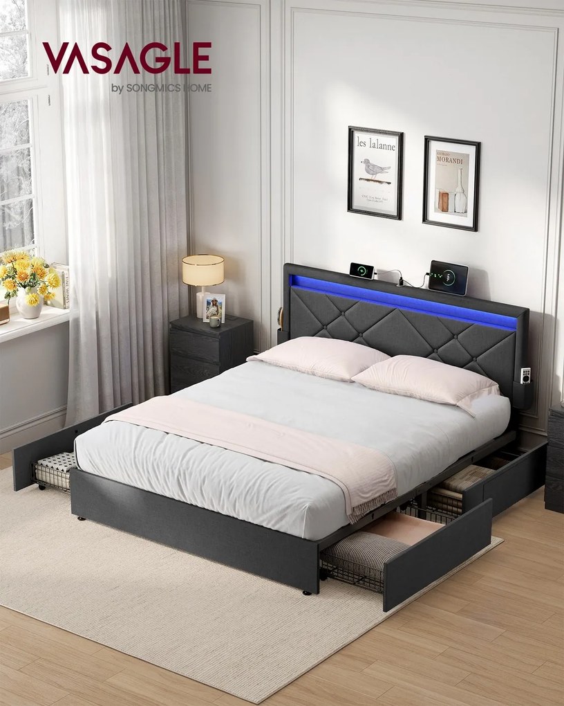 Estrutura de cama casal 180 x 200 cm (COLCHÃO NÃO INCLUIDO) em metal com iluminação LED nas gavetas e cabeceira cinzento escuro