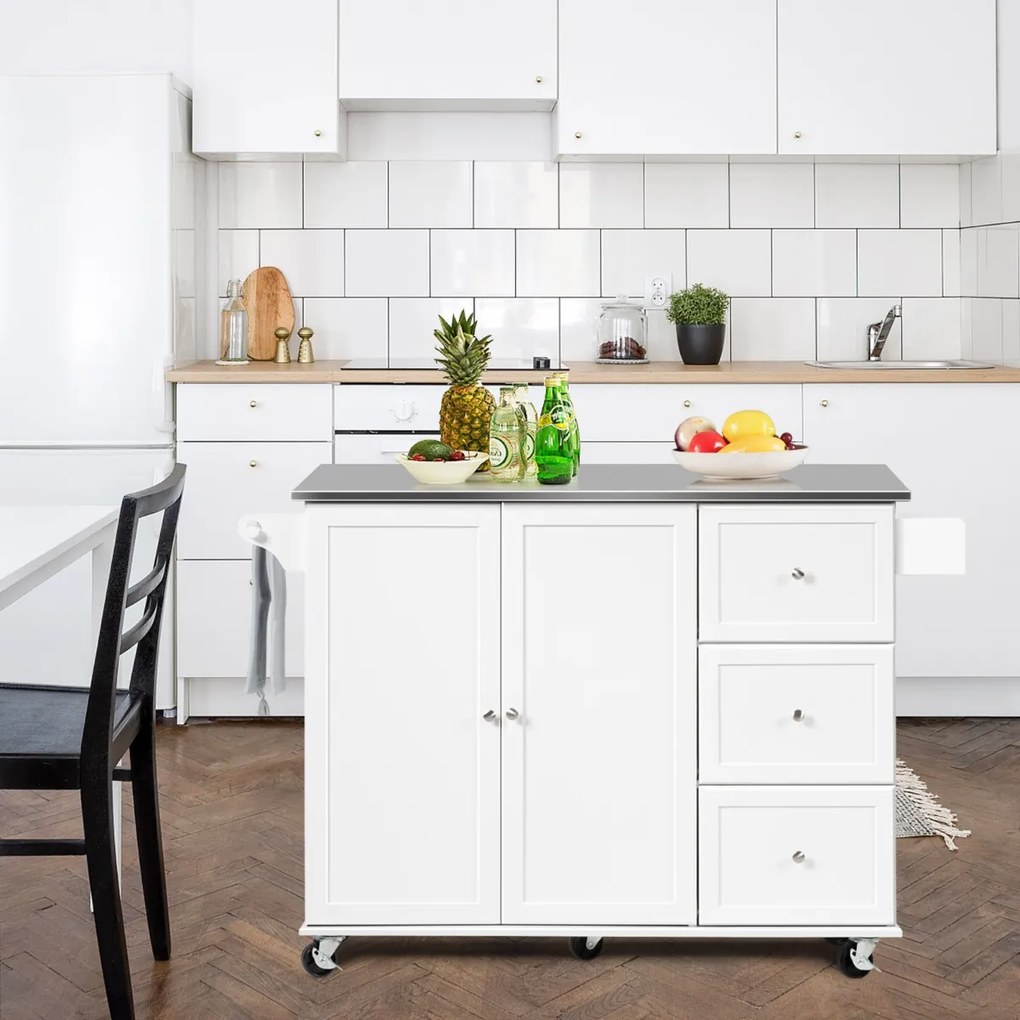 Carrinho de ilha de cozinha com bancada em aço inoxidável Estantes ajustáveis Gavetas 135 x 45,5 x 91,5 cm Branco