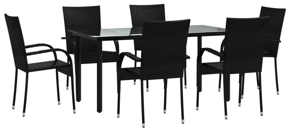 7 pcs conjunto de jantar para jardim vime PE preto