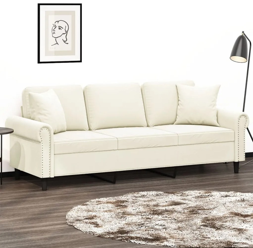 Sofá 3 lugares c/ almofadas decorativas 180 cm veludo creme