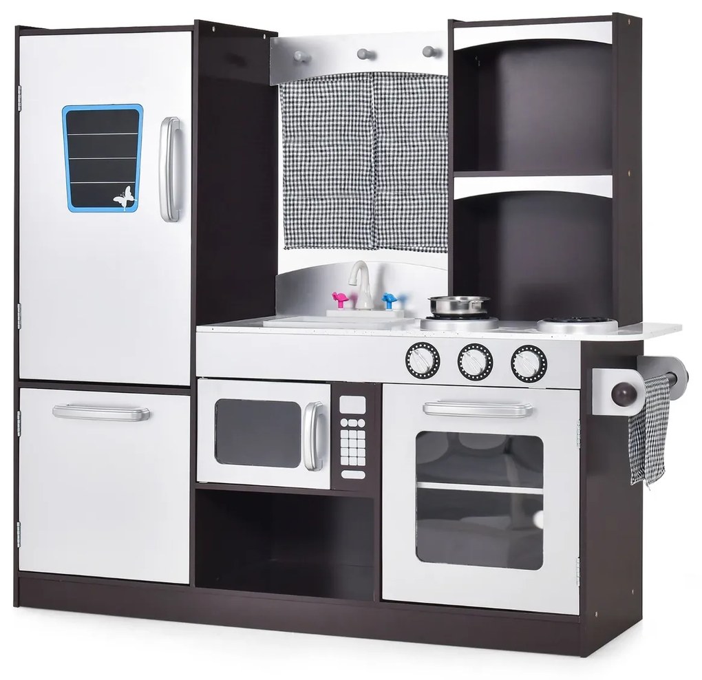 Cozinha de brincar de madeira infantil com brinquedo, geladeira, forno, quadro negro, fogão, torneira e pia, 105 x 31,5 x 95 cm, castanho